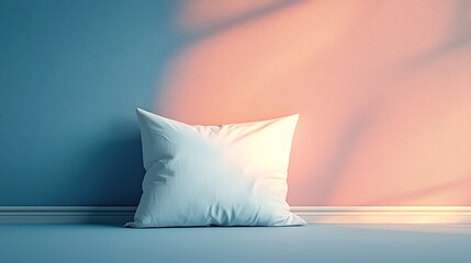 Wall Mural - Soft White Pillow Resting on a Light Blue Floor with Gentle Shadows and a Warm Peach Wall, Creating a Calm and Serene Atmosphere for Interior Decor Ideas