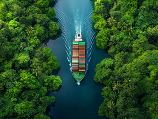 aerial view of a cargo ship navigating through a lush green waterway surrounded by dense tropical fo