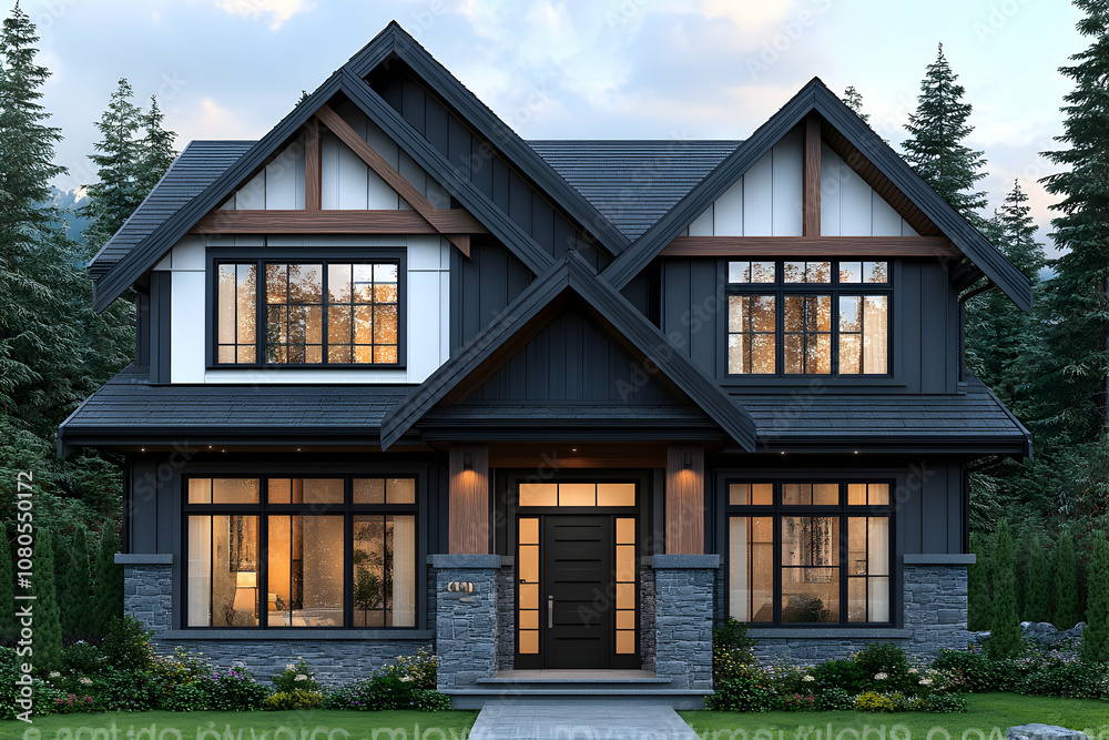 Modern two-story house with black siding, white trim, and a stone ...