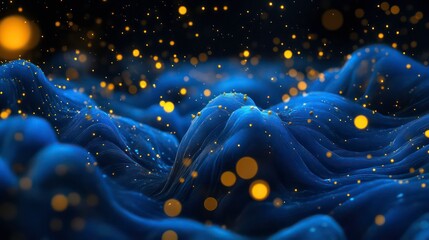 Poster - Vibrant blue animations rising over golden specks set against a dark background