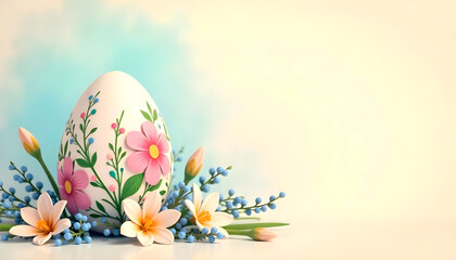 Wall Mural - Floral Easter egg with spring flowers on pastel vintage card background