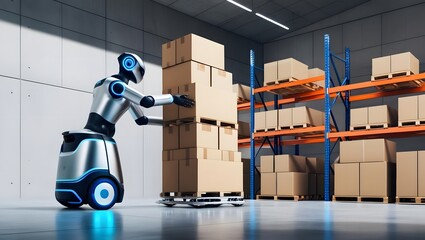 Poster - Robot performing warehouse operations industrial storage facility digital art indoor environment perspective automation concept