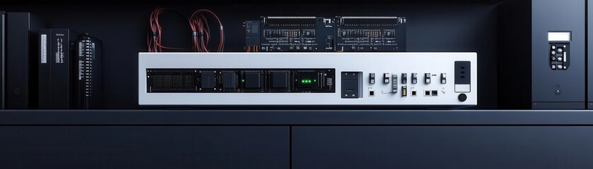 Poster - A sleek audio equipment rack showcases professional gear, including a digital interface and various controls, emphasizing modern sound technology.