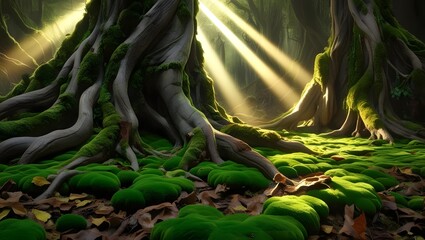 Aufkleber - Sunlight filtering through ancient trees enchanted forest nature photography moss-covered ground serene atmosphere tranquility