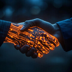 Aufkleber - A human hand shakes hands with a robotic hand glowing with orange circuitry. The image represents the future of human-machine interaction