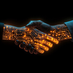 Poster - Two glowing robotic hands are shaking, connected by a network of circuits