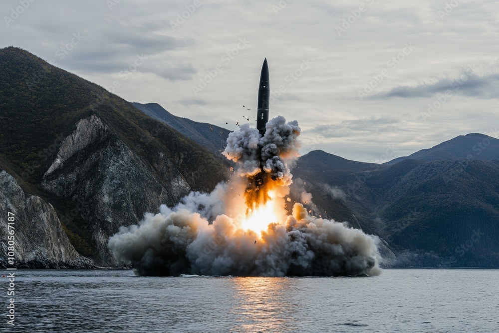 Nuclear ballistic missile launch from submarine on the open seas ...