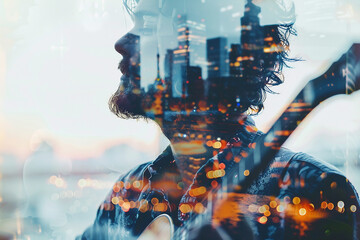 Poster - A double exposure picture of a silhouette professional worker backdrop of city lights generative ai