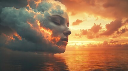 Aufkleber - A woman's face is formed by a cloud against a sunset over the ocean.