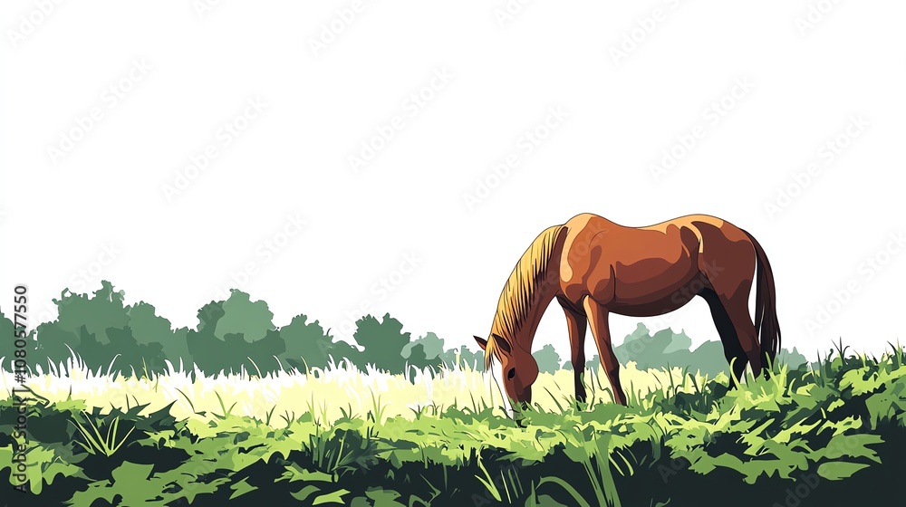a 2D cartoon illustration of a horse grazing in a pasture, calm and ...