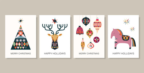 Wall Mural - christmas greeting cards, abstract posters with seasonal elements in flat design, vector