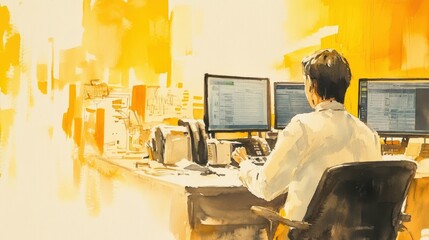 Poster - Manager coordinating tasks in a modern office digital workspace watercolor art bright environment professional viewpoint creativity and organization