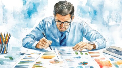 Poster - Budget review meeting office watercolor illustration professional environment close-up perspective financial analysis and planning