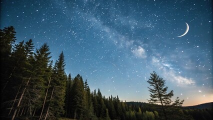 Wall Mural - Dense starry night sky with twinkling stars and a crescent moon, cosmos, space, dark matter, black hole, constellations