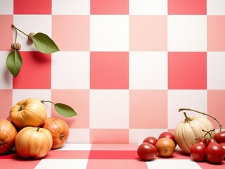 Wall Mural - Classic Red and White Chequered Background with Wooden Fruits, fruit, background, design