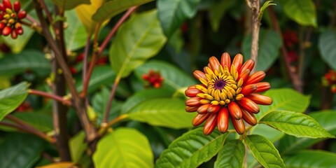 Wall Mural - Colorful coffee flower with robusta coffee plant leaves and stems in a garden, garden, coffee plant