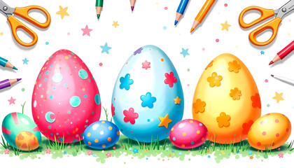 Wall Mural - Children’s Easter crafts with colorful eggs, decorated flowers, patterns and festive atmosphere