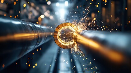 Poster - A close-up of metal pipes with sparks flying, depicting industrial cutting or welding.