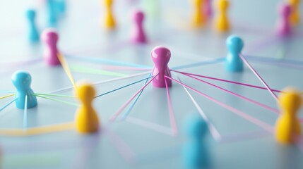 Various colored game pieces are connected with vibrant lines, illustrating a network of interactions on a flat surface, showcasing relationships and connections