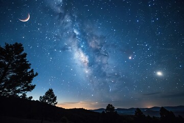 Wall Mural - dark blue sky with numerous stars, a few planets visible, and a crescent moon in the top left corner