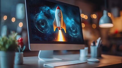 Aufkleber - A desktop computer displays a rocket launching in a cosmic background.