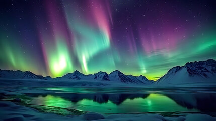 Minimalist northern lights aurora night landscape with mountains in the background