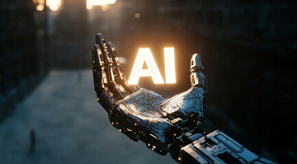 Poster - A robotic hand, with intricate metallic details, is outstretched and holding a glowing AI in its palm