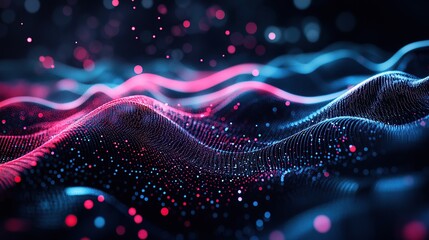 Poster - Abstract digital waves with glowing particles in vibrant colors.