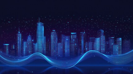 Poster - A futuristic cityscape with glowing skyscrapers and a wave of data flowing beneath it.