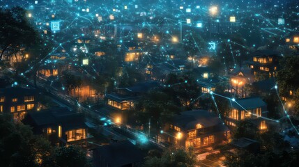 Poster - Night aerial view of a city with glowing internet connection lines.