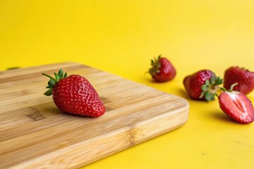 Wall Mural - Fresh strawberry on a wooden cutting board against a bright yellow background, wood, natural, plump, cutting board, summer