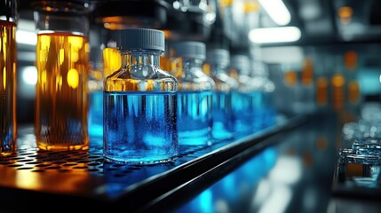 Poster - Colorful vials filled with liquids in a laboratory setting, showcasing scientific research.