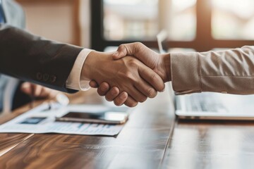 Fototapete - A professional handshake symbolizes a strong agreement between clients during a business meeting, fostering collaboration and building trust in corporate relationships, key to successful partnerships