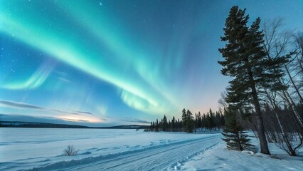 Wall Mural - shimmering aurora borealis in a light blue abstract sky, shimmering, northern lights, dancing lights