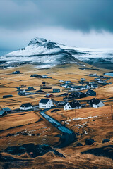 Wall Mural - Scenic Nordic Village with Snow-Capped Mountains and Rolling Fields