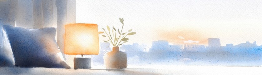 Poster - A serene interior scene featuring a soft lamp, decorative pillow, and vase of greenery, illuminated by a warm sunset glow.