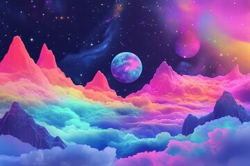 Wall Mural - A Colorful Dreamlike Landscape With Mountains and a Planet in the Night Sky