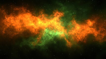 Poster - Vibrant cosmic nebula with orange, green, and black hues, showcasing the beauty of the universe and the mysteries of space.