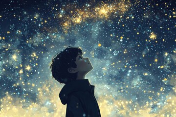 Poster - A young boy gazes up at a sparkling night sky filled with stars, evoking wonder and curiosity about the universe.