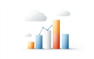 Poster - Colorful bar chart representing data growth and analysis with clouds in the background, ideal for business and finance concepts.