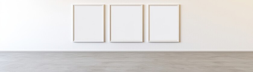 Poster - Minimalist empty gallery with three blank frames on a white wall, perfect for displaying artwork or graphy in a modern aesthetic.