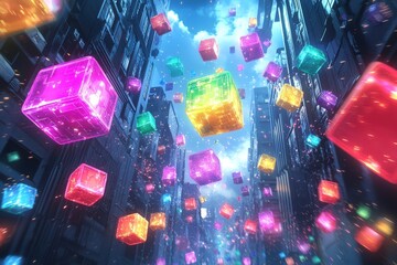 Poster - A futuristic cityscape filled with vibrant, floating cubes in neon colors, creating a captivating atmosphere of technology and innovation.
