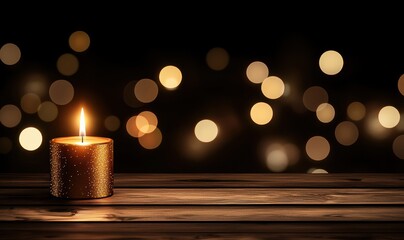 Poster - A warm, glowing candle on a wooden table, surrounded by soft bokeh lights, perfect for creating a cozy and peaceful atmosphere.
