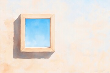 Wall Mural - A minimalist framed window against a pale wall, showcasing a clear blue sky, radiating serenity and simplicity in design.