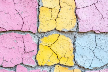 Poster - A vibrant cracked surface showcasing an artistic blend of pink, yellow, and blue hues, perfect for abstract backgrounds and textures.