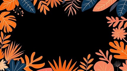 Poster - Vibrant floral border featuring tropical leaves in shades of orange and navy against a black background, perfect for invitations and decor.
