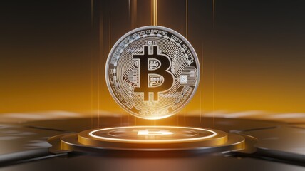 Wall Mural - Holographic 3D Render of a Bitcoin Coin Representing Digital Currency in a Futuristic Setting with Glowing Effects and Modern Design Elements