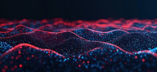 Poster - Abstract digital landscape with glowing waves of particles in red and blue hues. Perfect for technology, data visualization, and futuristic themes.