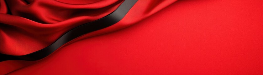 Poster - A vibrant red satin fabric elegantly draped with a smooth black ribbon, showcasing texture and contrast for artistic designs and backgrounds.