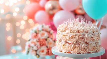 Wall Mural - Close-up of a beautifully frosted birthday cake surrounded by vibrant balloons and floral decorations, creating a cheerful celebration scene perfect for joyful birthday themes.

